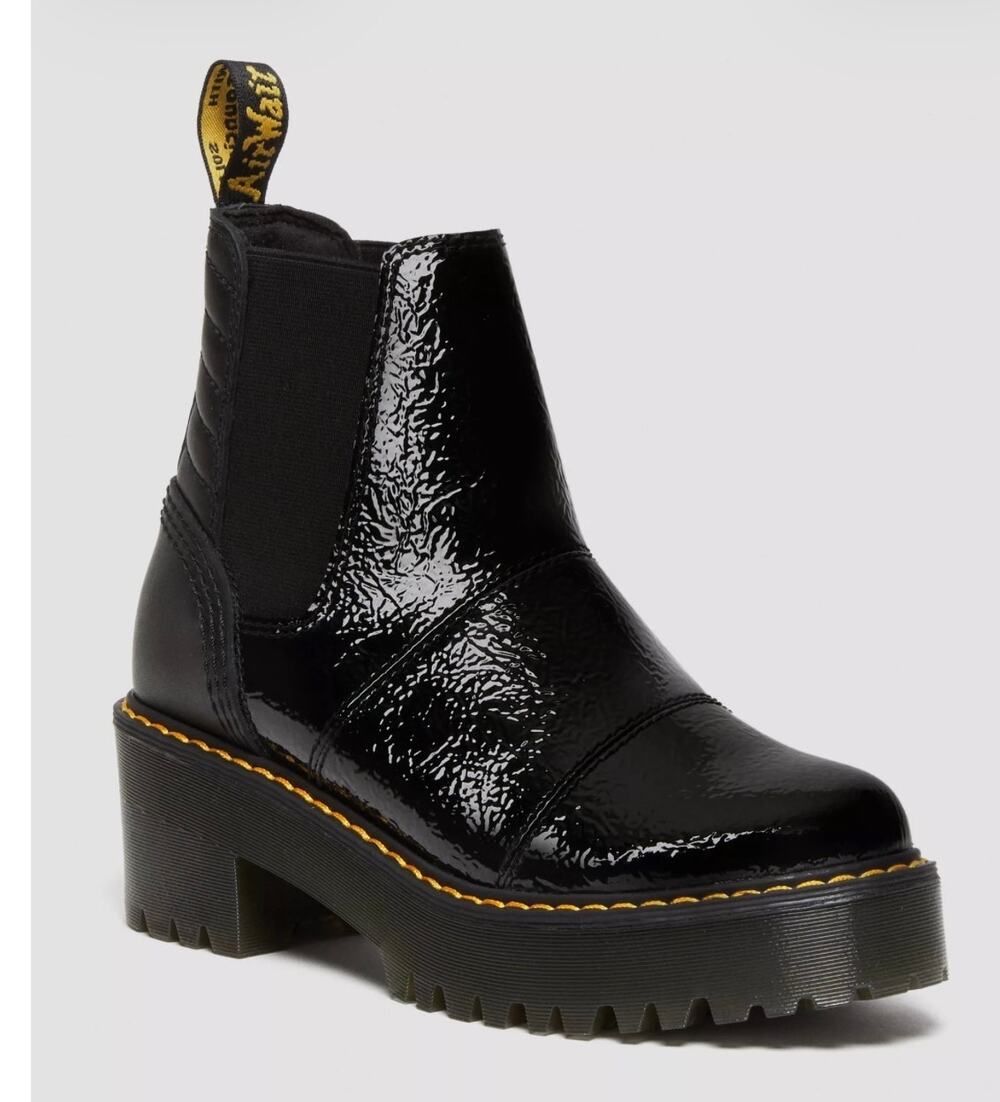 Dr. Martens ROZALIE DISTRESSED-PATENT Leather HEELED CHELSEA BOOTS, Sz 6